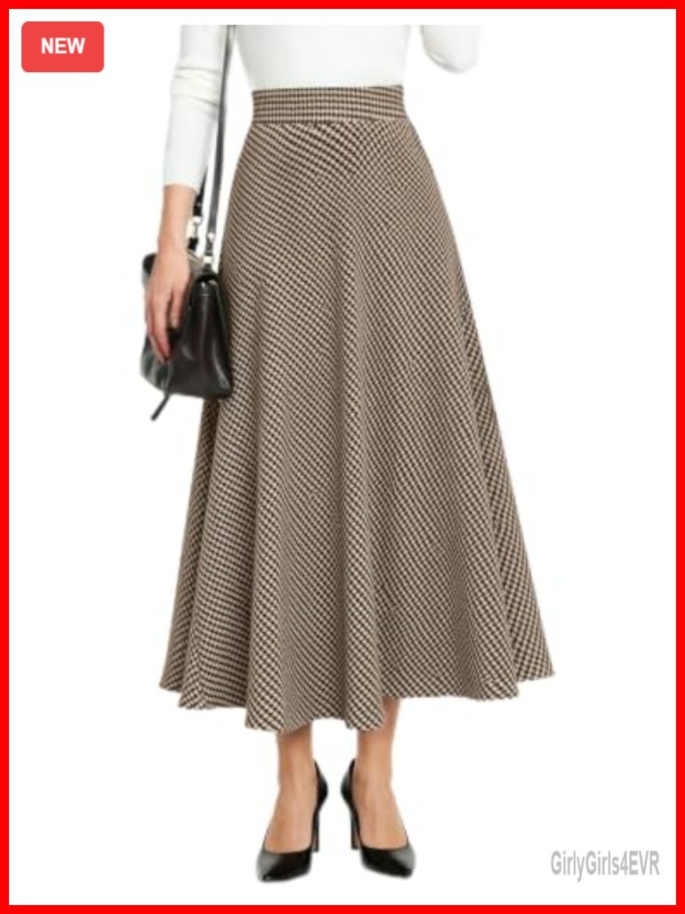 Plaid Wool Blend A-Line Midi Skirt Elastic Waist Pockets